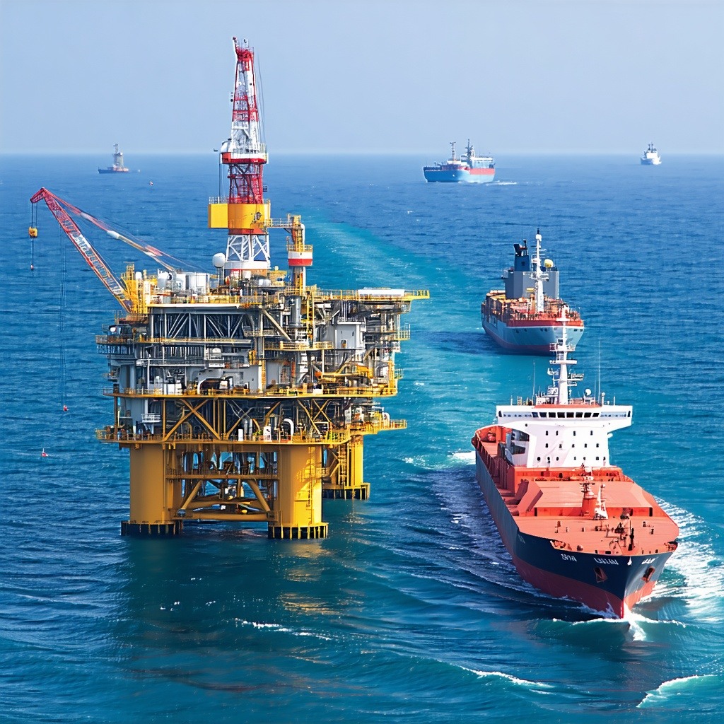 OFFSHORE PLATFORM WITH SHIP AND BARGE IN THE BACK